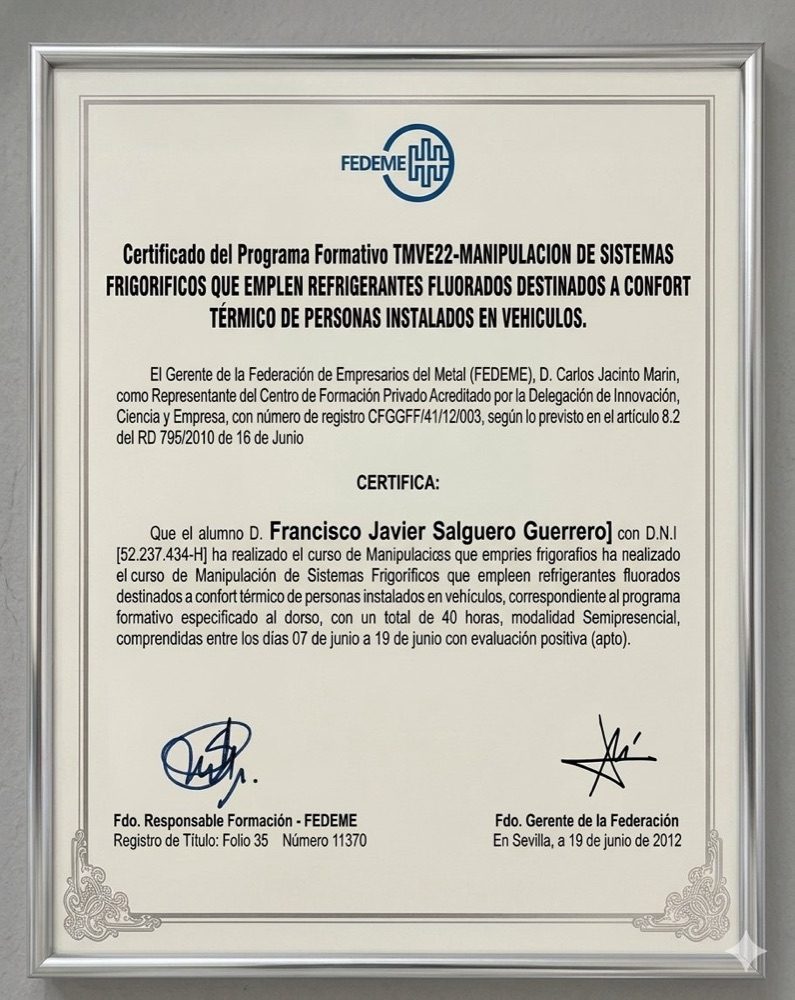 Certificado de manipulación de gases fluorados del aire acondicionado