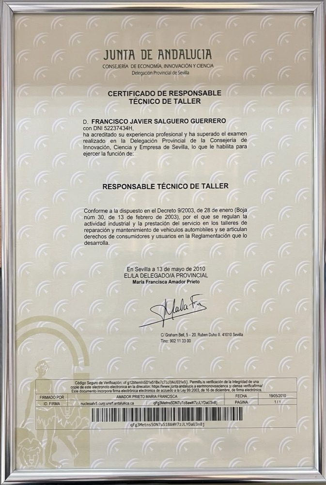 Certificado de responsable técnico de taller — Junta de Andalucía